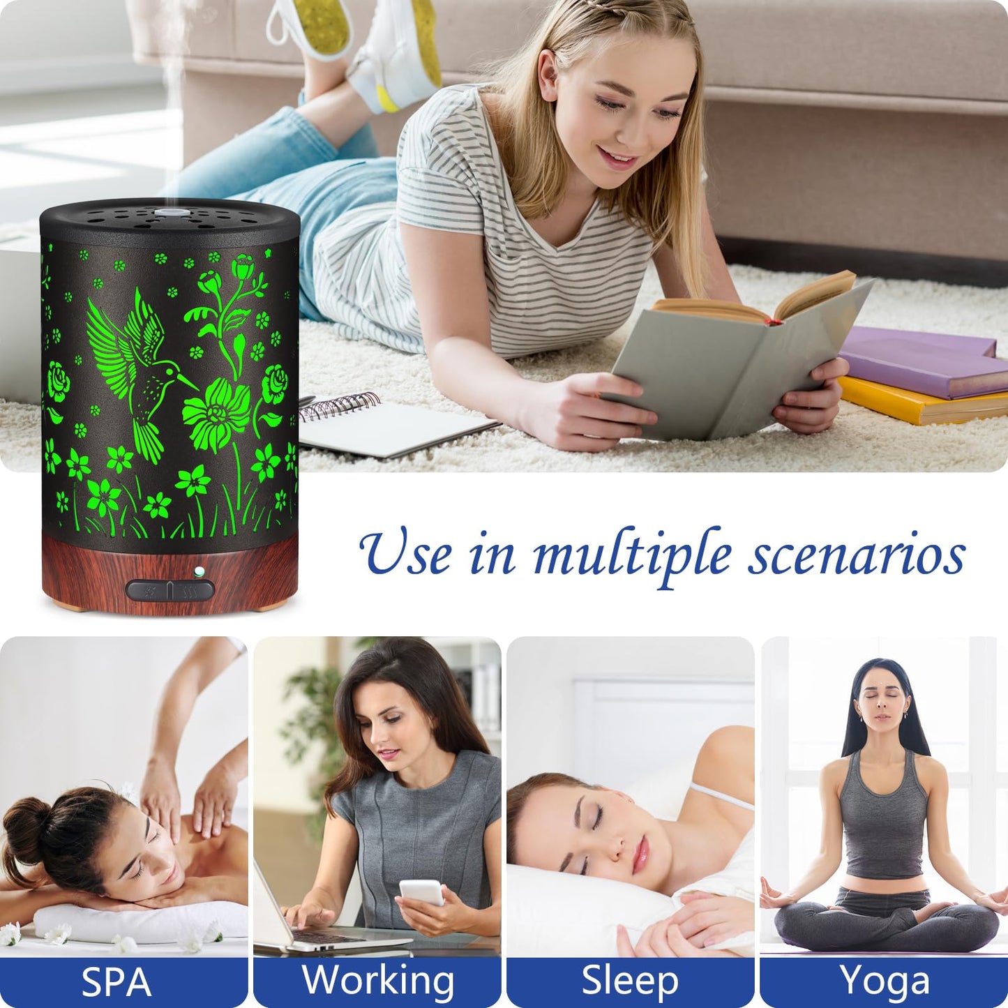 Essential Oil Diffuser with 7 Color Lights – Auto-Off, Cool Mist Humidifier | Home & Office | Hummingbird