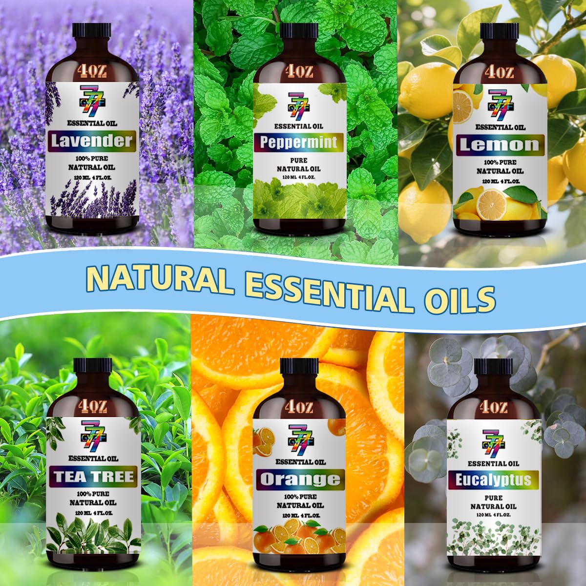 Essential Oil Set – Six 4oz Bottles (Lavender, Peppermint, Lemon, Sweet Orange, Tea Tree, Eucalyptus)