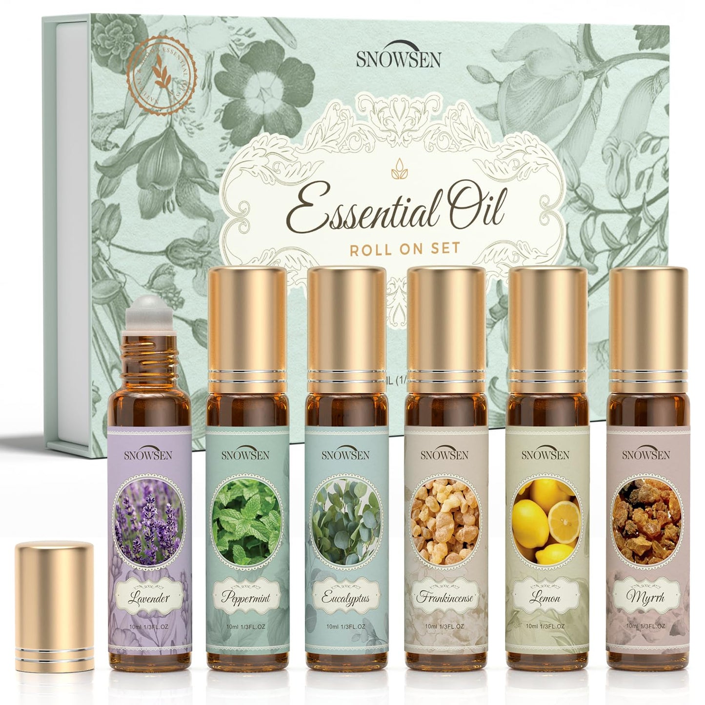 Essential Oils Roll-On Set – 6x10ml Aromatherapy Oils (Lavender, Peppermint, Frankincense, Eucalyptus, Lemon, Myrrh)