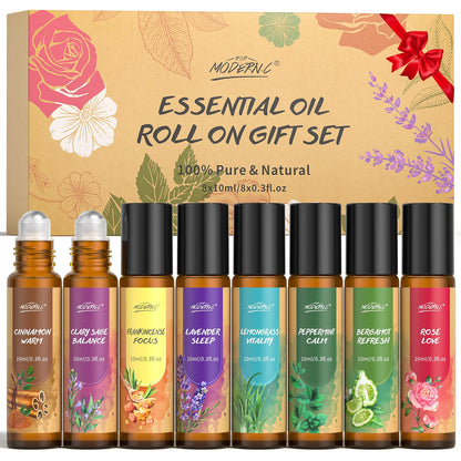 Essential Oils Roll-On Set for Women – 8pcs (Lavender, Frankincense, Peppermint, Bergamot, Lemongrass, Cinnamon, Rose, Clary Sage) – Gift Ready