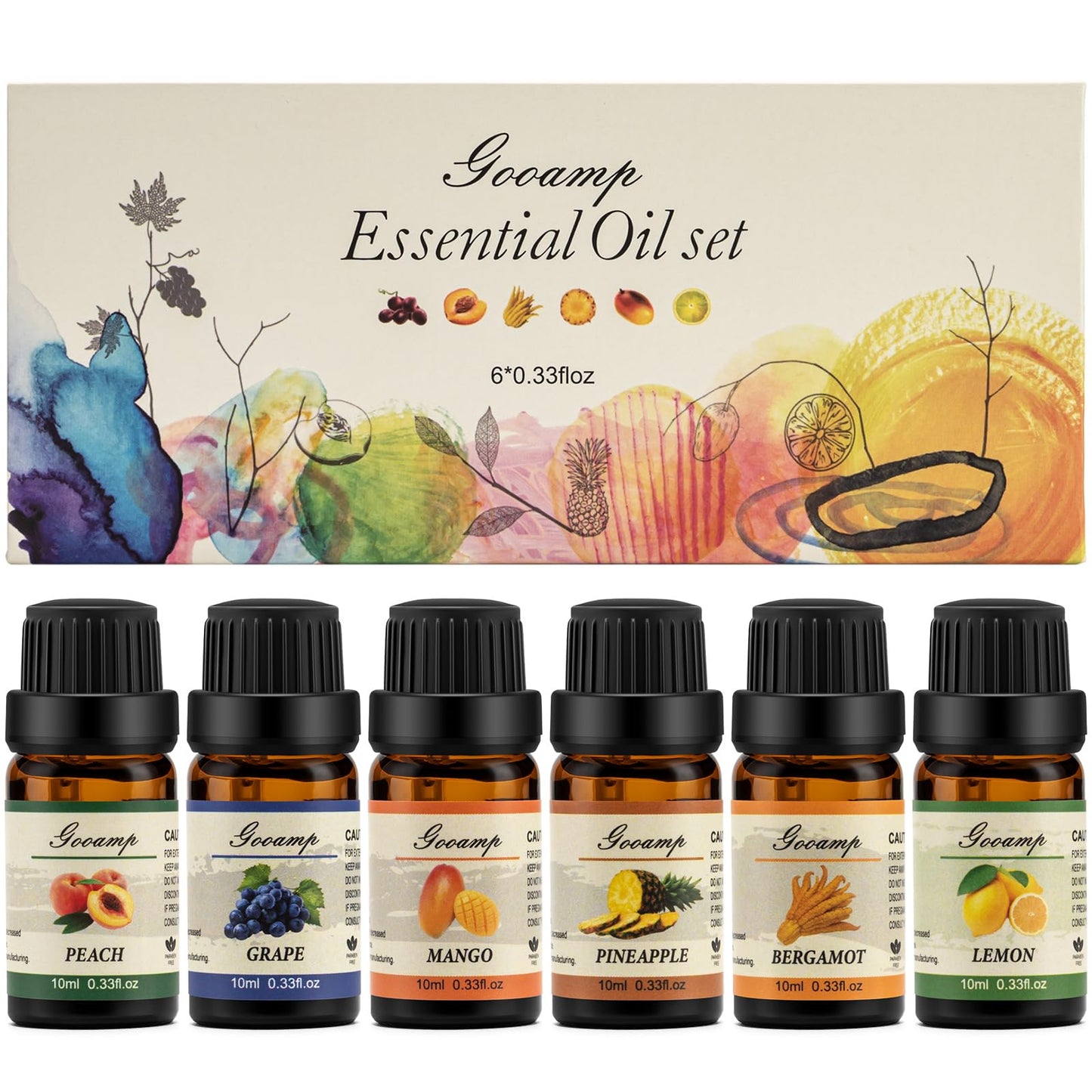 Essential Oils Set - Top 6 Organic Blends (10ml each) for Diffusers, Aromatherapy, Candles & Gifts | Grape, Lemon, Mango, Bergamot, Plneapple, Peach