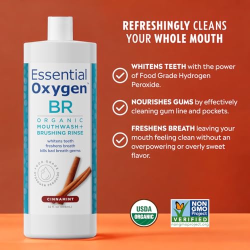 Essential Oxygen Cinnamint Mouthwash – 32 oz, Alcohol-Free Brushing Rinse
