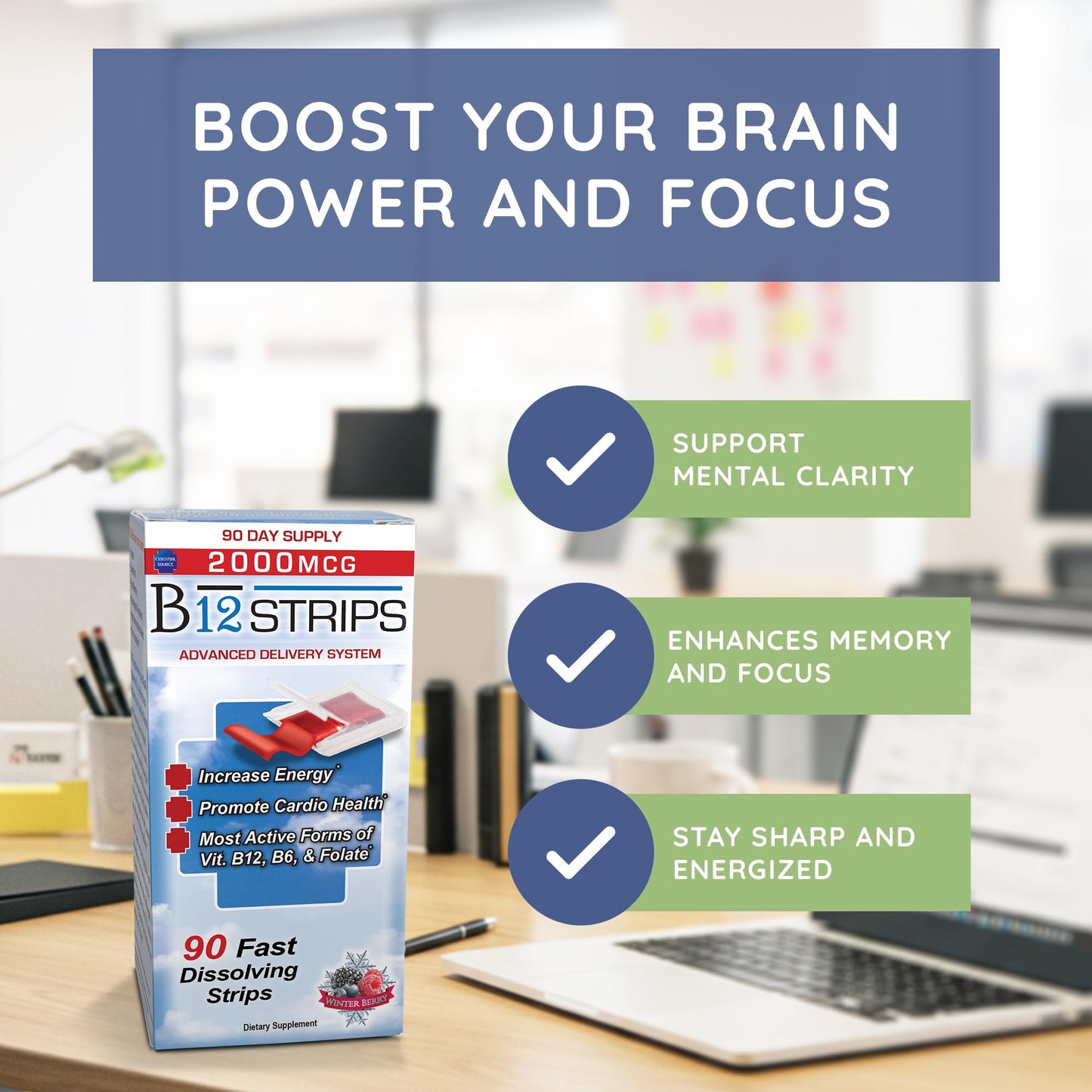 Essential Source 2000 mcg Methylcobalamin B12 Sublingual Strips | Energy, Focus & Hair Support