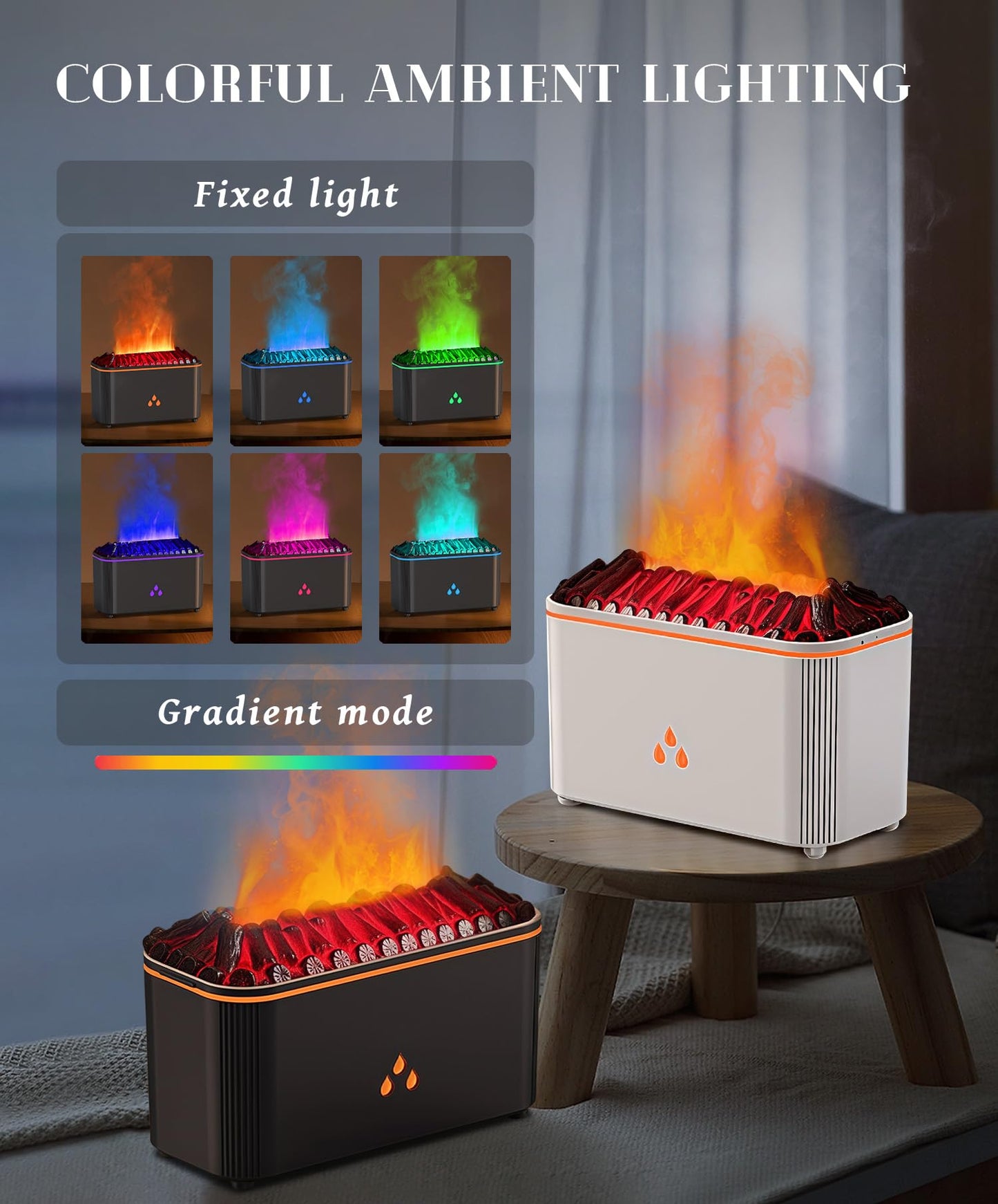 Essential Oil Diffuser with Flame Effect - 7-Color Lights, Auto Shut-Off (Black)