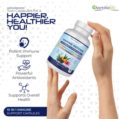 Essentialife Immune Support 10 in 1 – Elderberry, Echinacea, Vitamin D, Vitamin C 1000mg & Zinc – 60 Capsules