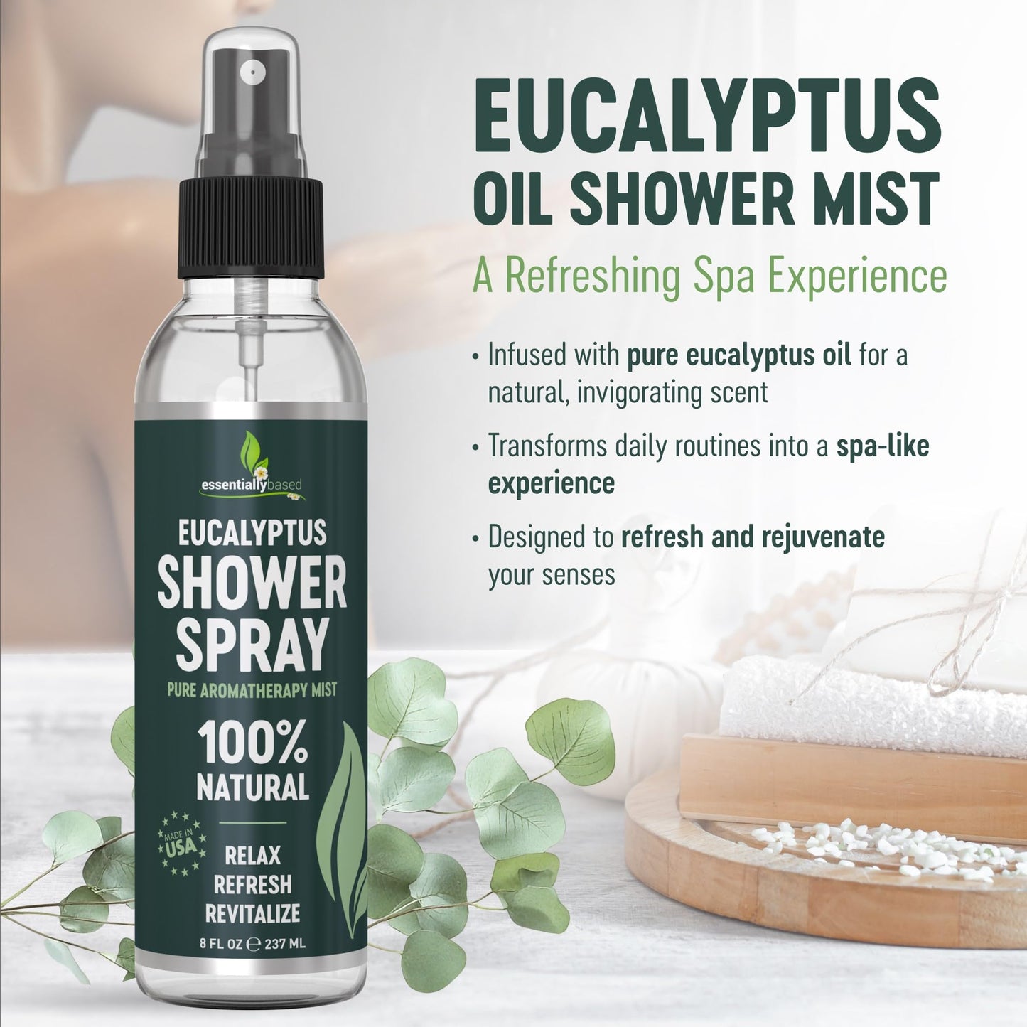 EssentiallyBased Eucalyptus Shower Spray 8oz – 100% Pure Organic
