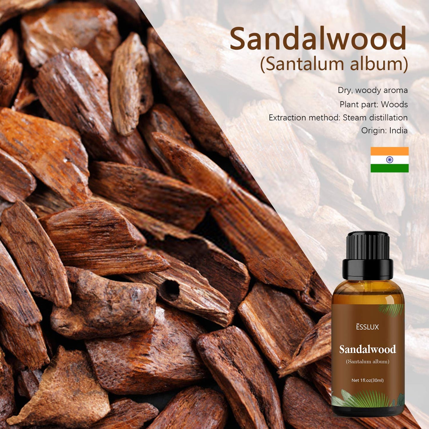 Sandalwood Essential Oil (30 ml) - ESSLUX Aromatherapy | Steam-Distilled Santalum album