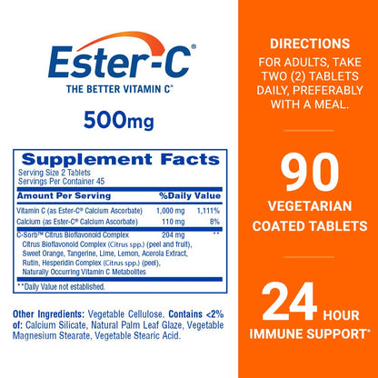 Ester-C 500 mg Vitamin C Tablets – 90 Count Immune Support