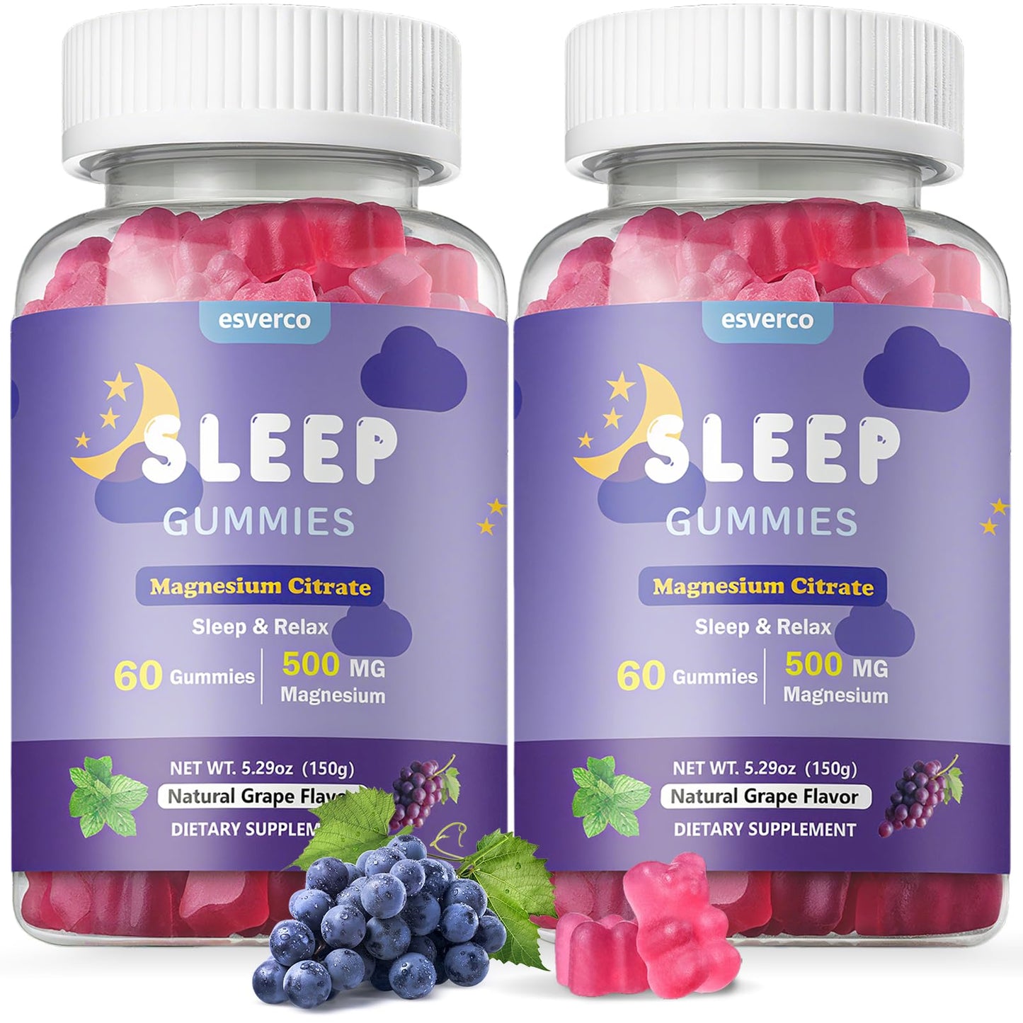 esverco Sleep Gummies | 500mg Magnesium Citrate + L-Theanine for Sleep & Relaxation | Vegan, Grape, 120 Count