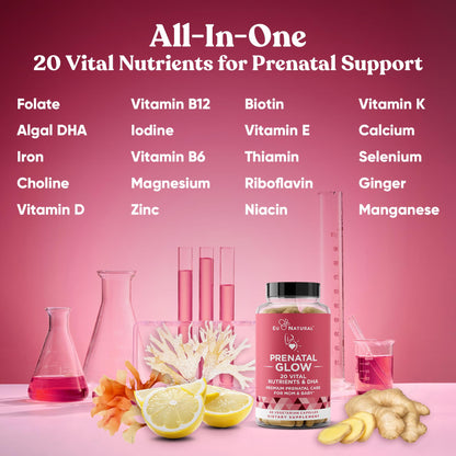 Glow Prenatal Vitamins for Women by Eu Natural – 20-in-1 DHA & Folic Acid, Vegetarian, 120 Capsules