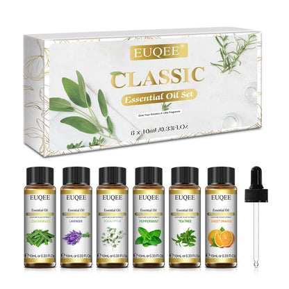EUQEE 6-Piece Essential Oils Set – 10ml Each (Lavender, Eucalyptus, Peppermint, Tea Tree, Sweet Orange, Lemongrass)