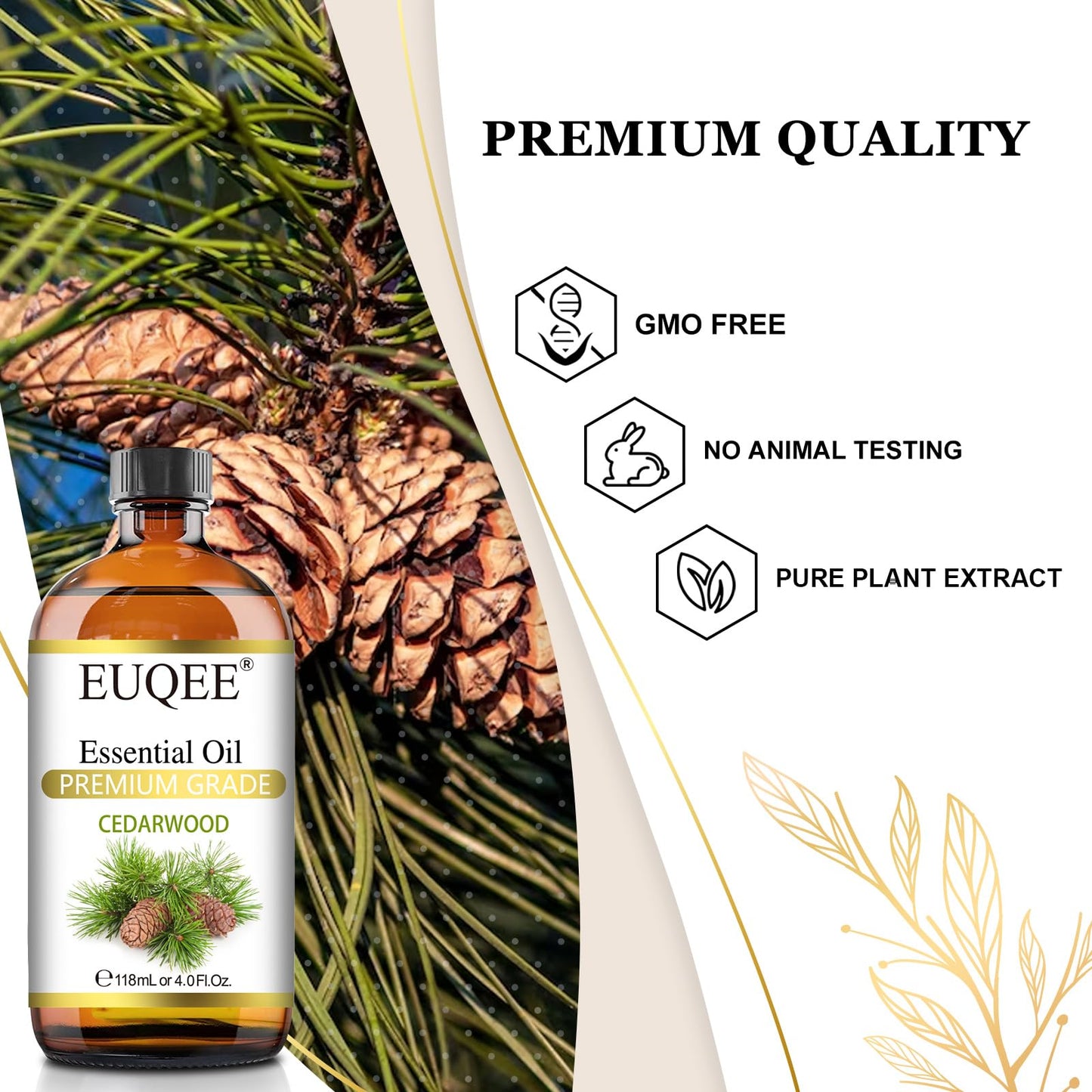EUQEE Cedarwood Essential Oil 118mL – Pure Cedarwood Oil for Diffusers & Humidifiers | Glass Dropper