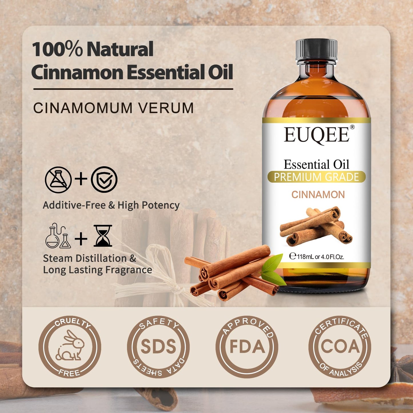 EUQEE Cinnamon Essential Oil 118ml (4 Fl Oz) – Diffuser, Aromatherapy, DIY Soap & Candle Making