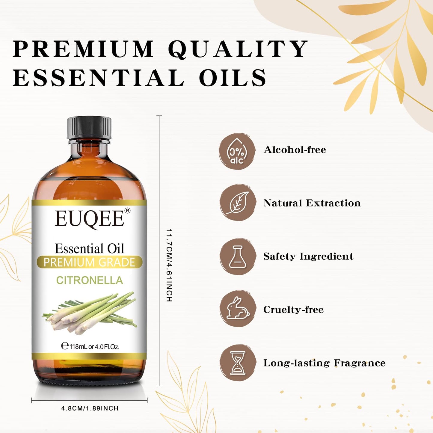 EUQEE Citronella Essential Oil – 118ml Gift Box with Glass Dropper