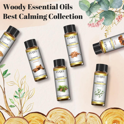 EUQEE 10ml Woody Essential Oils Set – Pure & Natural Aromatherapy (Eucalyptus, Cedarwood, Sandalwood, Frankincense, Cinnamon, Myrrh)