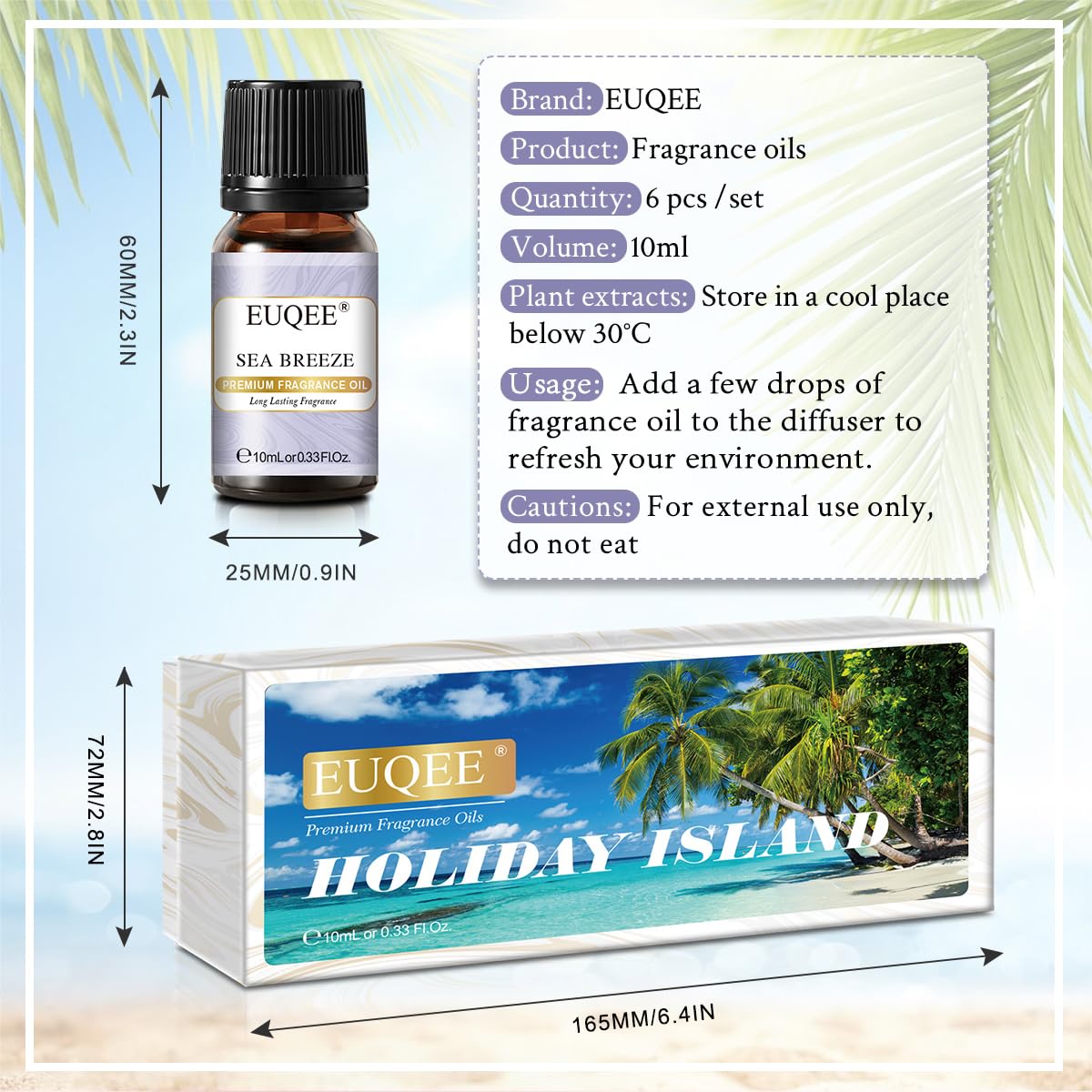 EUQEE Summer Fragrance Oil Gift Set – 6x10ml Holiday Island Aromatherapy Oils