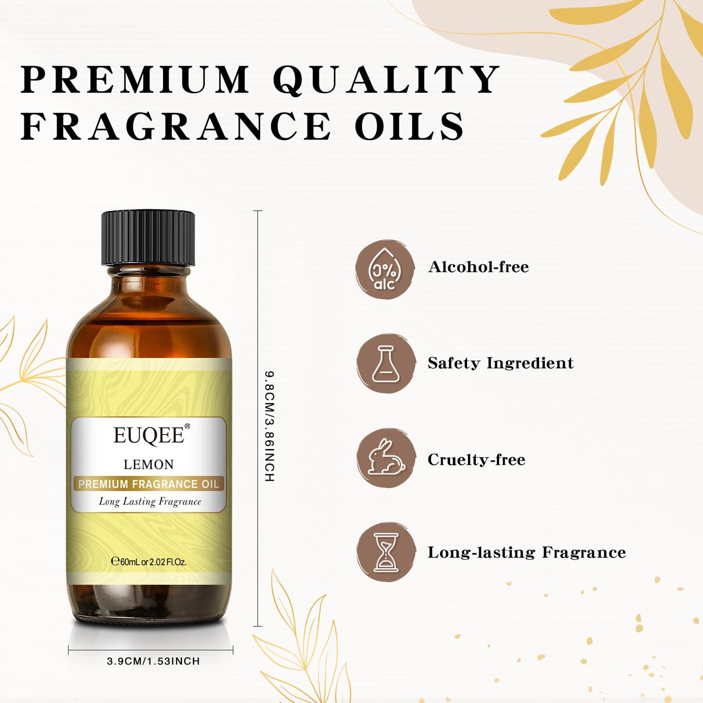 EUQEE Lemon Fragrance Oil – Premium Essential Oil with Glass Dropper, 60 ml (2.02 fl oz) for Diffusers, Bath Bombs, and Candles