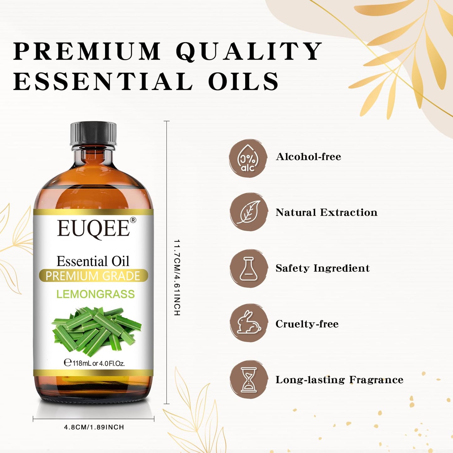 EUQEE Lemongrass Essential Oil 118ml with Glass Dropper | Premium Lemongrass Oil for Diffuser & Candle Making