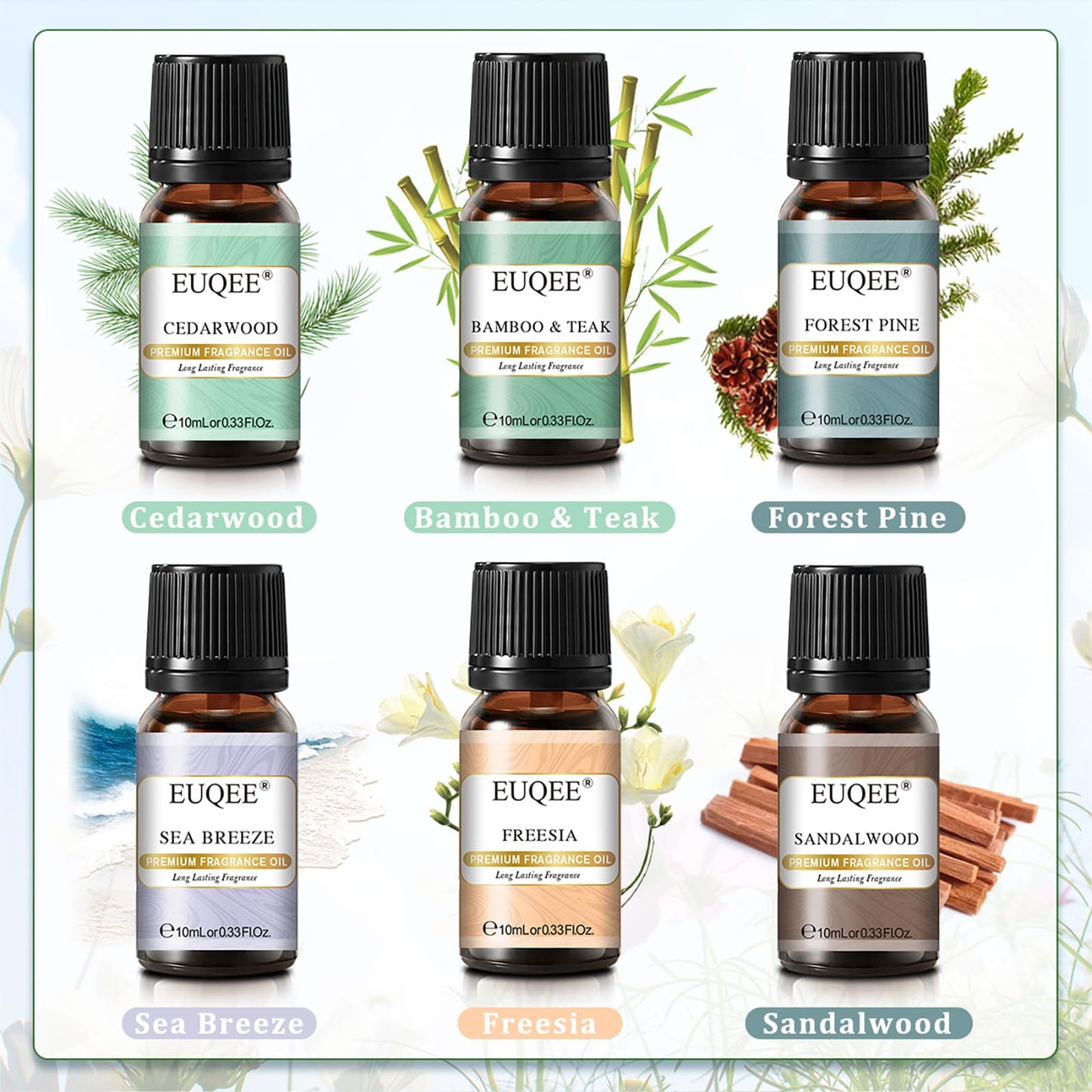 EUQEE Nature Air Premium Grade Scented Oils Gift Set - 6x10ml (Sea Breeze, Freesia, Bamboo & Teak, Cedarwood, Forest Pine, Sandalwood)