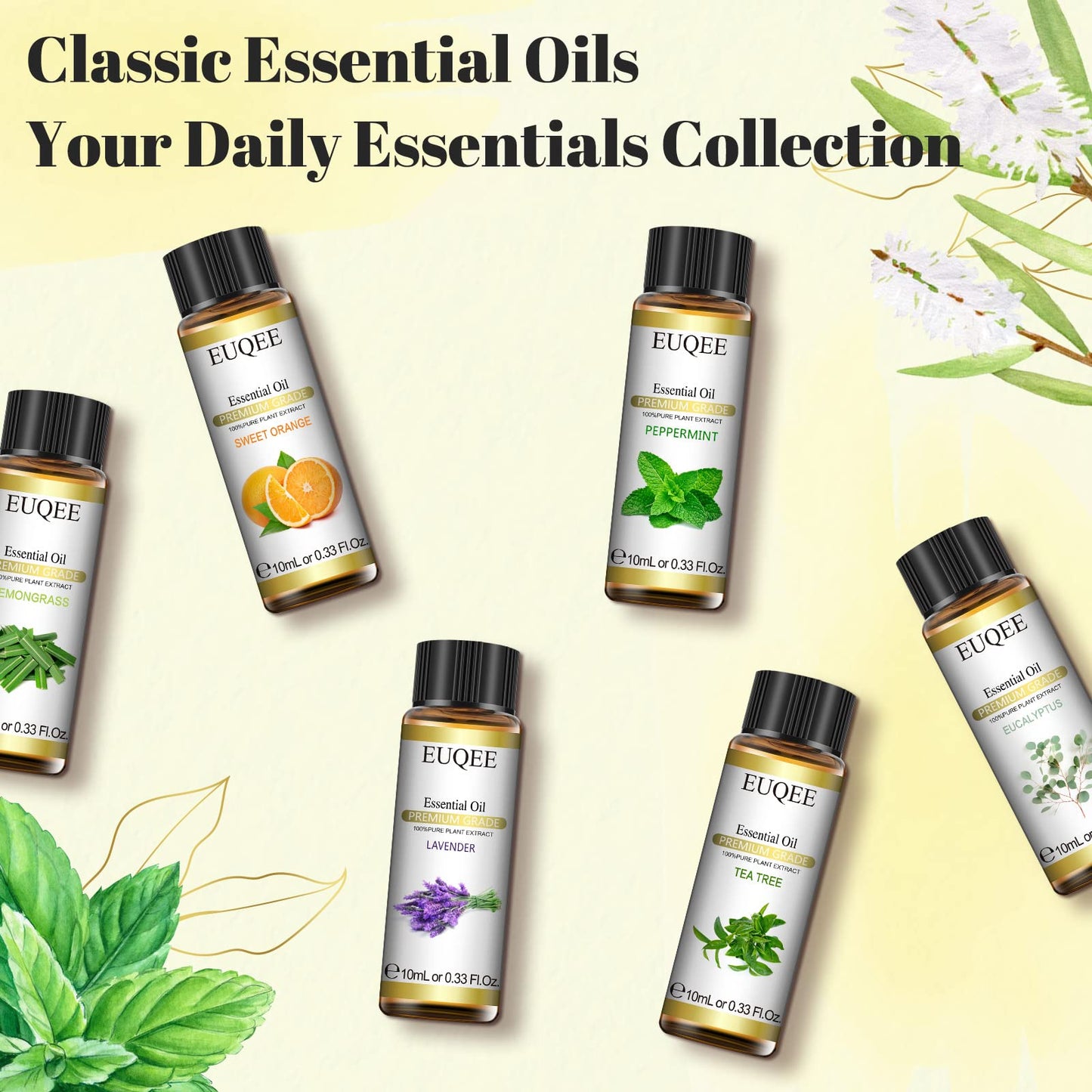 EUQEE 6-Piece Essential Oils Set – 10ml Each (Lavender, Eucalyptus, Peppermint, Tea Tree, Sweet Orange, Lemongrass)