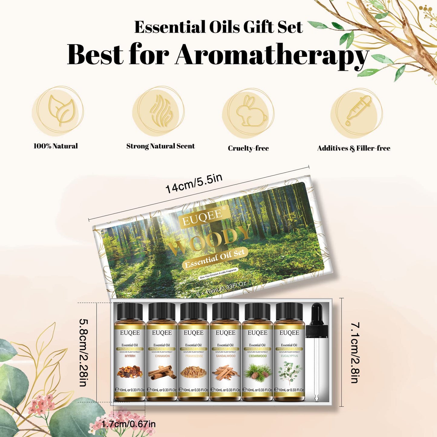 EUQEE 10ml Woody Essential Oils Set – Pure & Natural Aromatherapy (Eucalyptus, Cedarwood, Sandalwood, Frankincense, Cinnamon, Myrrh)