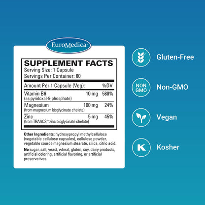 EuroMedica Magnesium + P-5-P - Bone & Heart Health Support Supplement - 60 Vegan Capsules