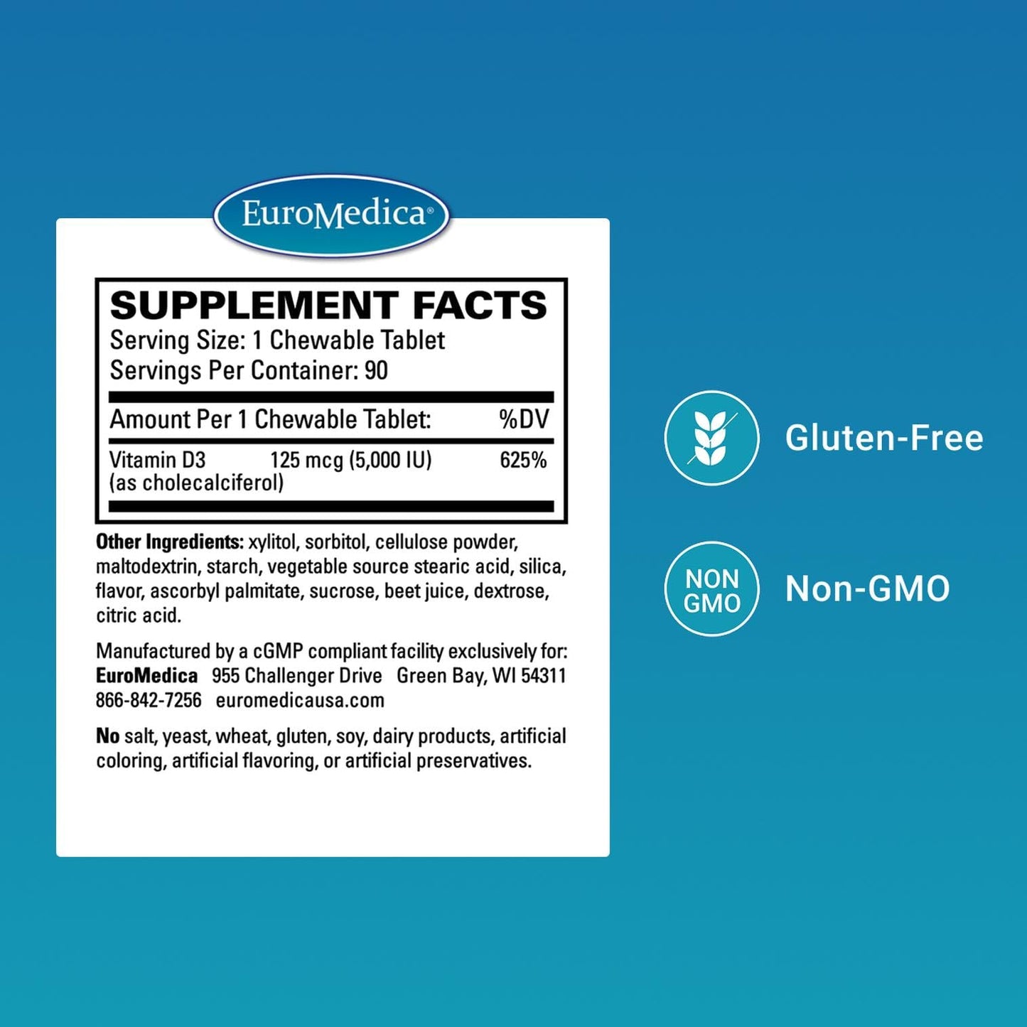 EuroMedica Vitamin D3 5000 IU – Bone Health & Immune Support (Berry) 90 Chewables