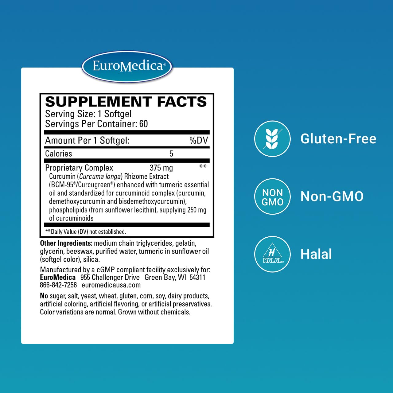 EuroMedica CuraPro: Antioxidant Curcumin with Turmeric Essential Oil – Brain & Immune Support, 60 Softgels