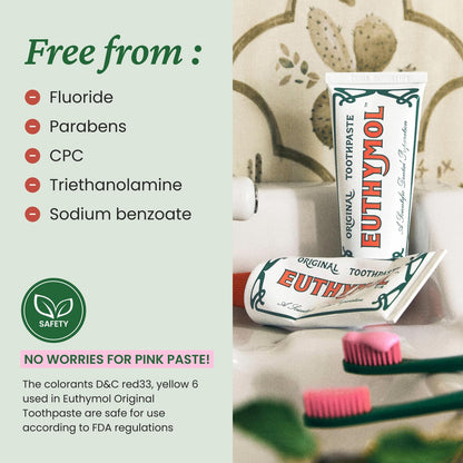 EUTHYMOL Original Pink Toothpaste - Fluoride-Free for Sensitive Teeth & Gums, 12-Hour Freshness