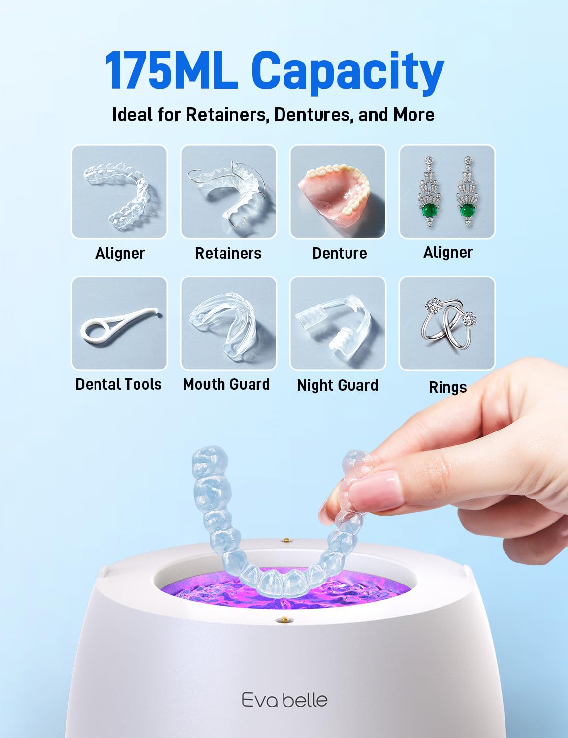 Ultrasonic Retainer Cleaner EVA BELLE | Rechargeable Denture Cleaner & Mouthguard Cleaner