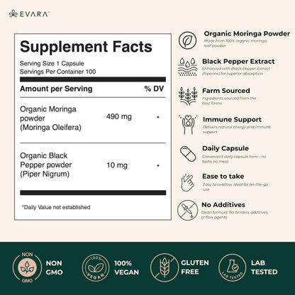 EVARA Moringa Capsules 500mg – Organic Green Superfood (100 Count)