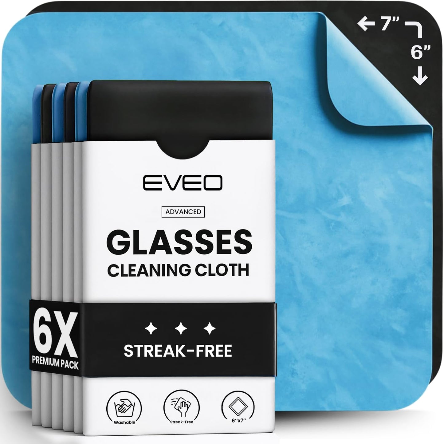 EVEO Glasses Cleaning Cloth – 6 Pack | Microfiber Lens & Screen Cleaner (Black & Blue)