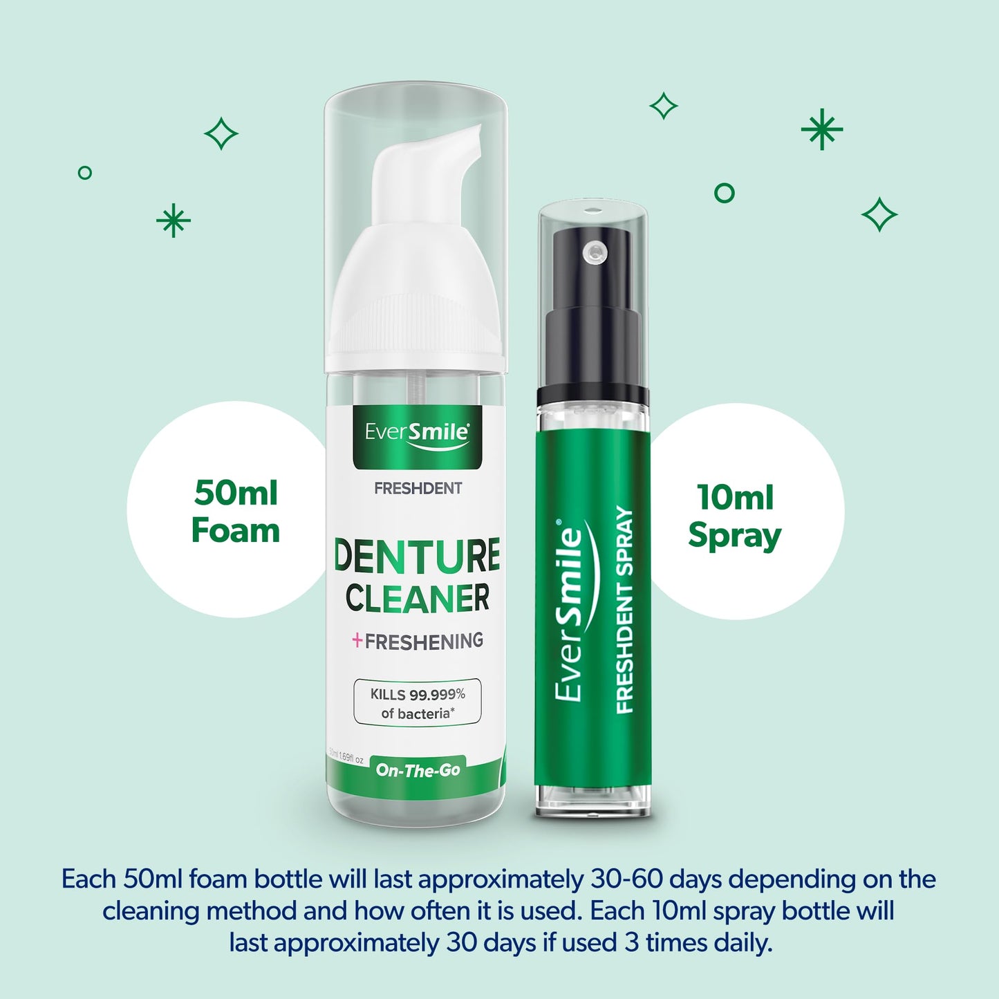 EverSmile FreshDent Denture and Partial Denture Cleaner + Teeth Whitening Spray & Foam - Travel Size 50ml + 10ml (4pk)