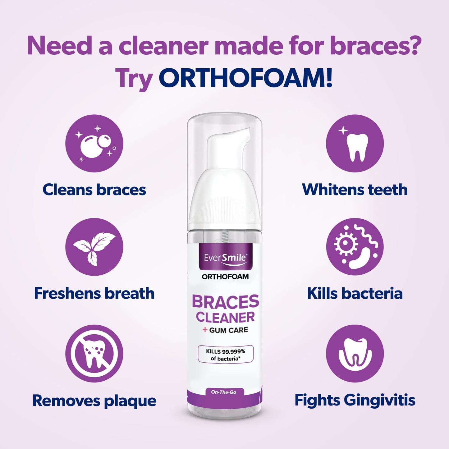 EverSmile OrthoFoam Braces Cleaner - Brushable Foam Whitens Teeth, Fights Plaque & Bacteria - 50ml 2-Pack