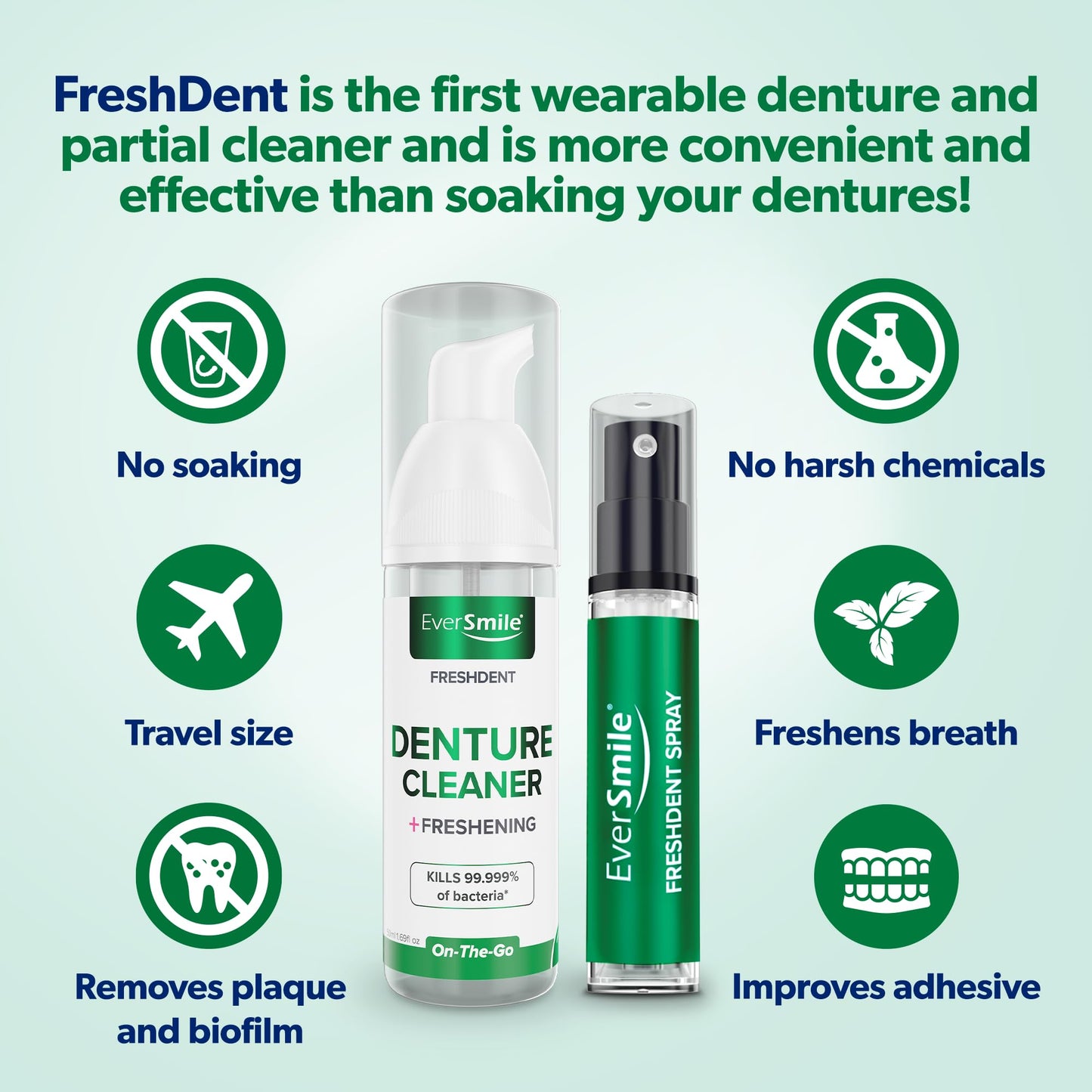 EverSmile FreshDent Denture Cleaner + Teeth Whitening Spray & Foam – 2pc Travel Size (50ml + 10ml)