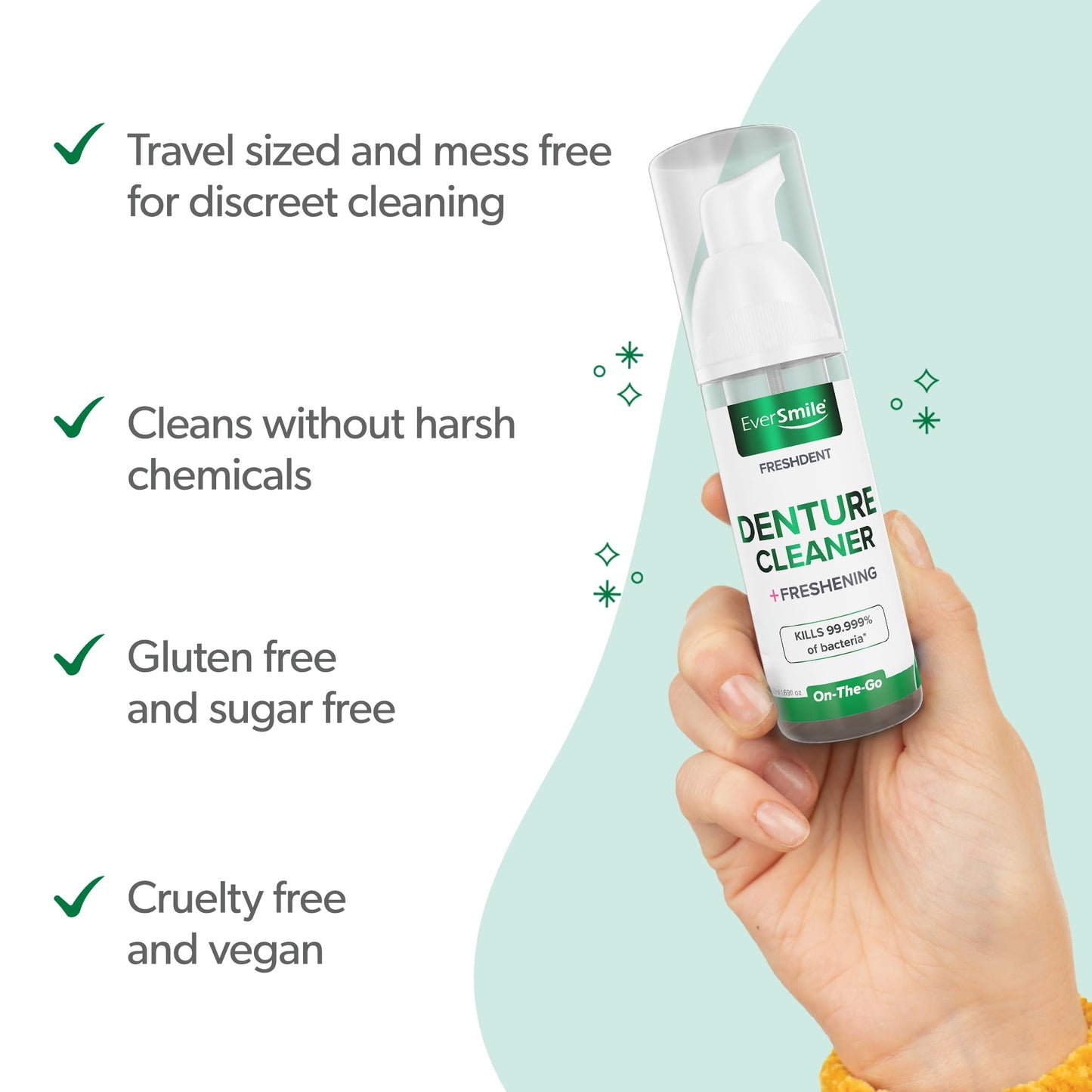 EverSmile FreshDent Denture Cleaner + Teeth Whitening Spray & Foam – 2pc Travel Size (50ml + 10ml)