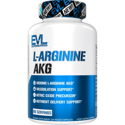 EVLUTION L-Arginine AKG - 1000mg Nitric Oxide Precursor | Gluten Free & Non-GMO | 60 Servings