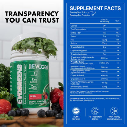Evogen Evogreens - Super Greens Powder | Recovery, Wellness & Immunity | Berry | 30 Servings