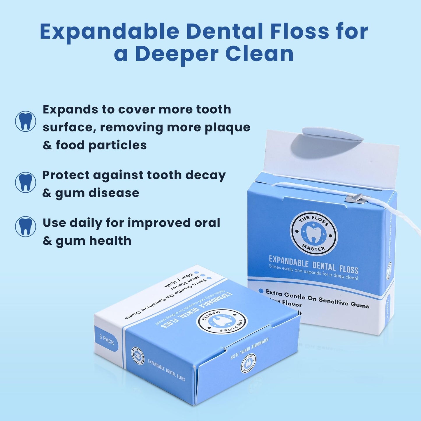 Expandable Dental Floss 3 Pack – Plastic-Free Dispenser – 50m Mint Flavor