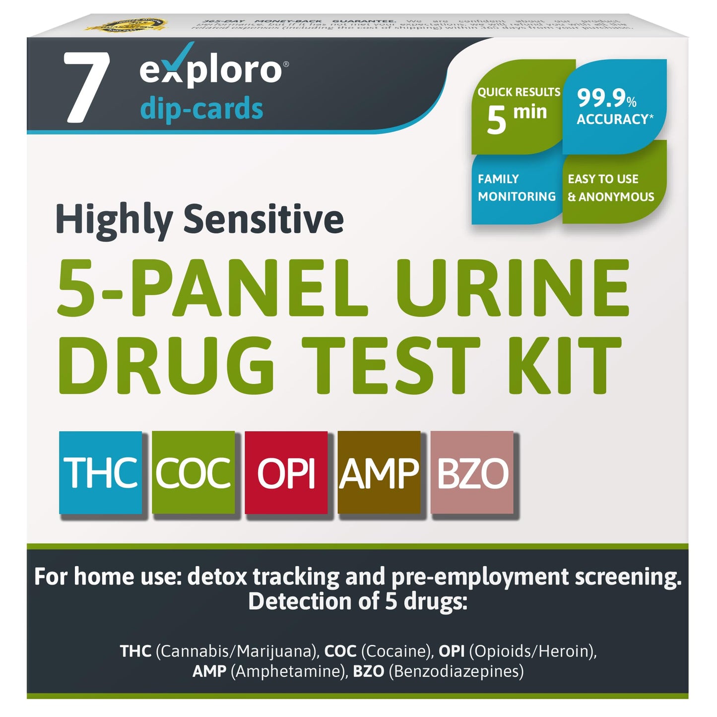 Exploro 5 Panel Drug Test Kit – At-Home Urine Test for THC, Cocaine, Opiates, Amphetamines & Benzodiazepines (7 Pack)