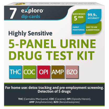 Exploro 5 Panel Drug Test Kit – At-Home Urine Test for THC, Cocaine, Opiates, Amphetamines & Benzodiazepines (7 Pack)