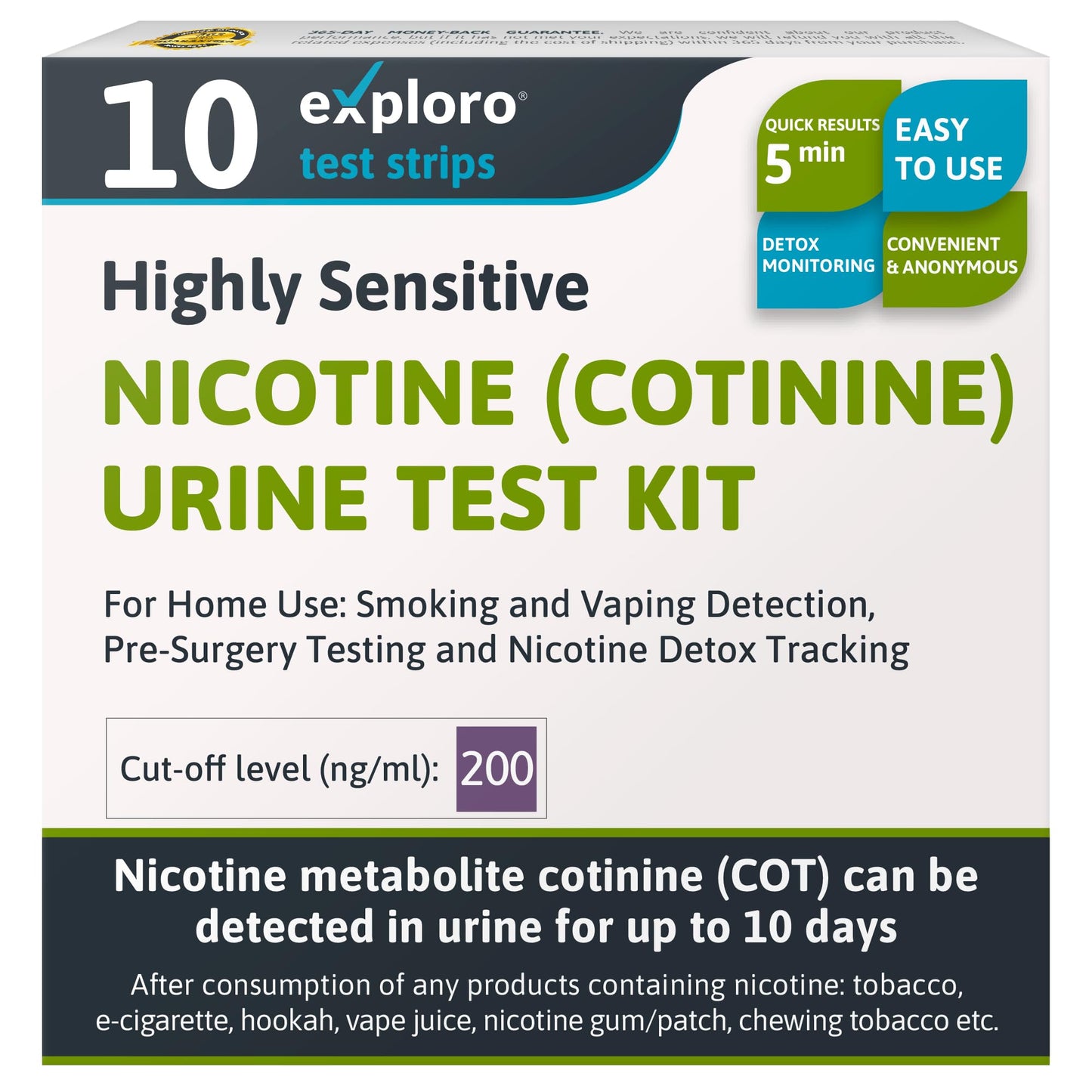 Exploro Nicotine Testing Kit at Home – Cotinine Urine Test Strips, 200 ng/mL, Pack of 10