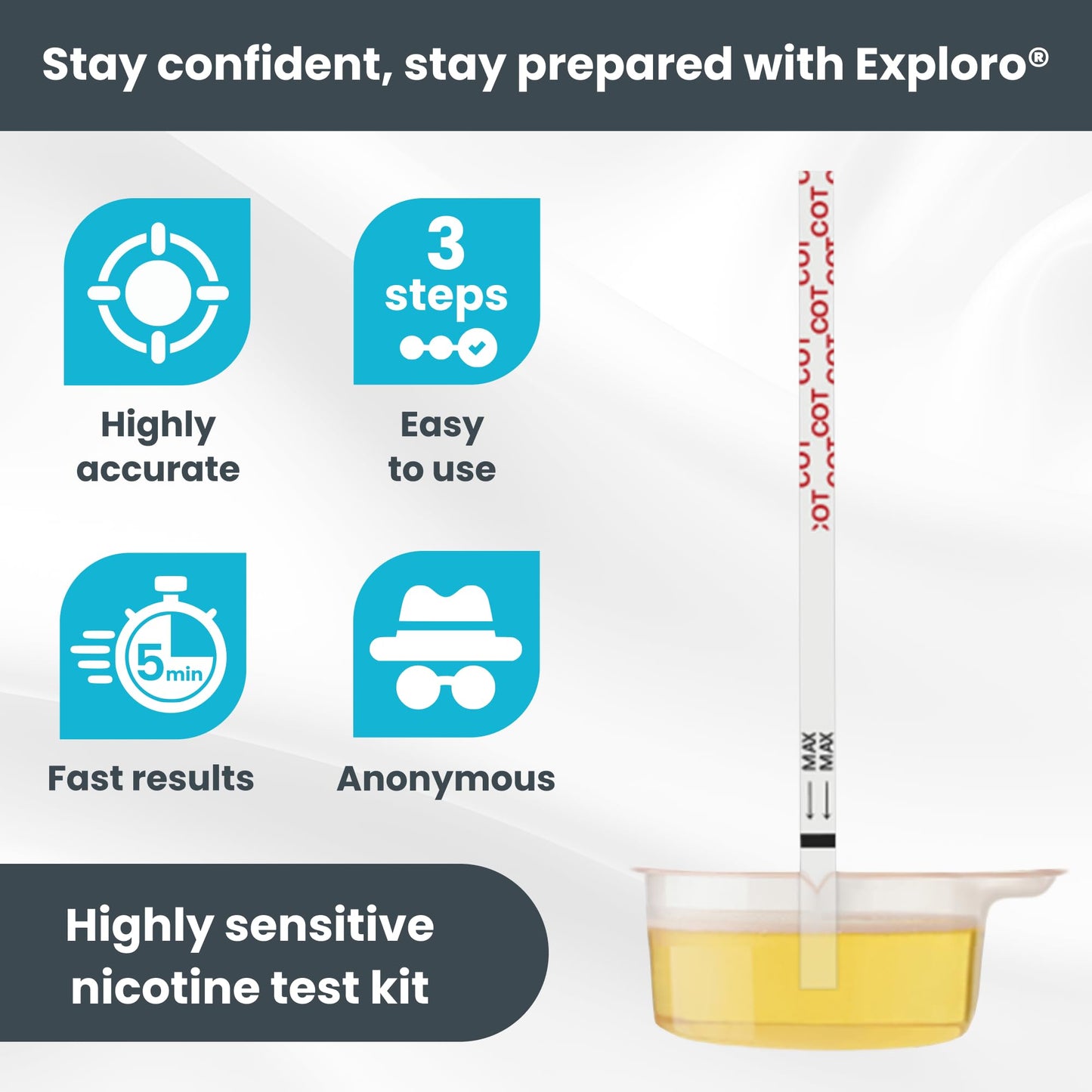 Exploro Nicotine Testing Kit at Home – Cotinine Urine Test Strips, 200 ng/mL, Pack of 10