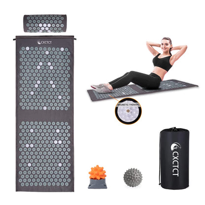Extra Long Yoga Acupressure Mat Set with Magnetic Points – Full-Body Massage Pillow for Neck & Back Pain Relief (Grey)
