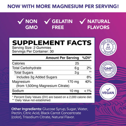 Magnesium Citrate Gummies – Extra Strength, Calm & Digestion | Vegan, Non-GMO | Raspberry 60 Ct