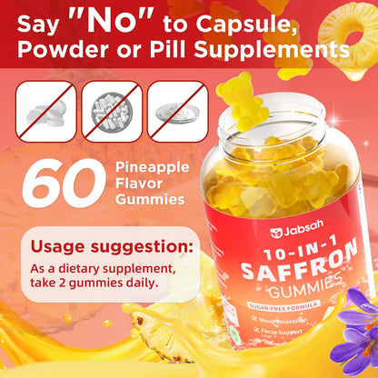 Melatonin-Free Saffron Gummies for Mood & Focus – 60 Count with 88.5 mg Saffron Extract, D3, B6, B12