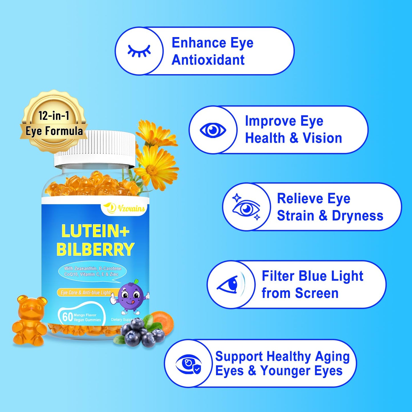 20mg Lutein & Zeaxanthin Gummies – Sugar Free Eye Health Supplement for Adults & Kids