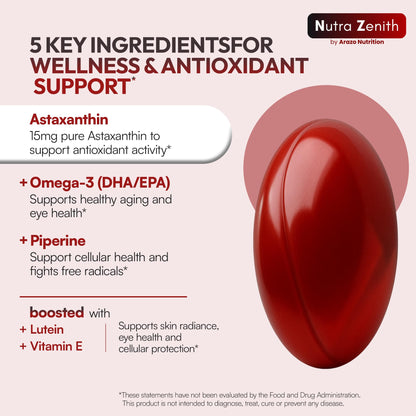 Astaxanthin Supplement with Omega-3, Vitamin E & Lutein – 60 Capsules | Antioxidant Support & Energy