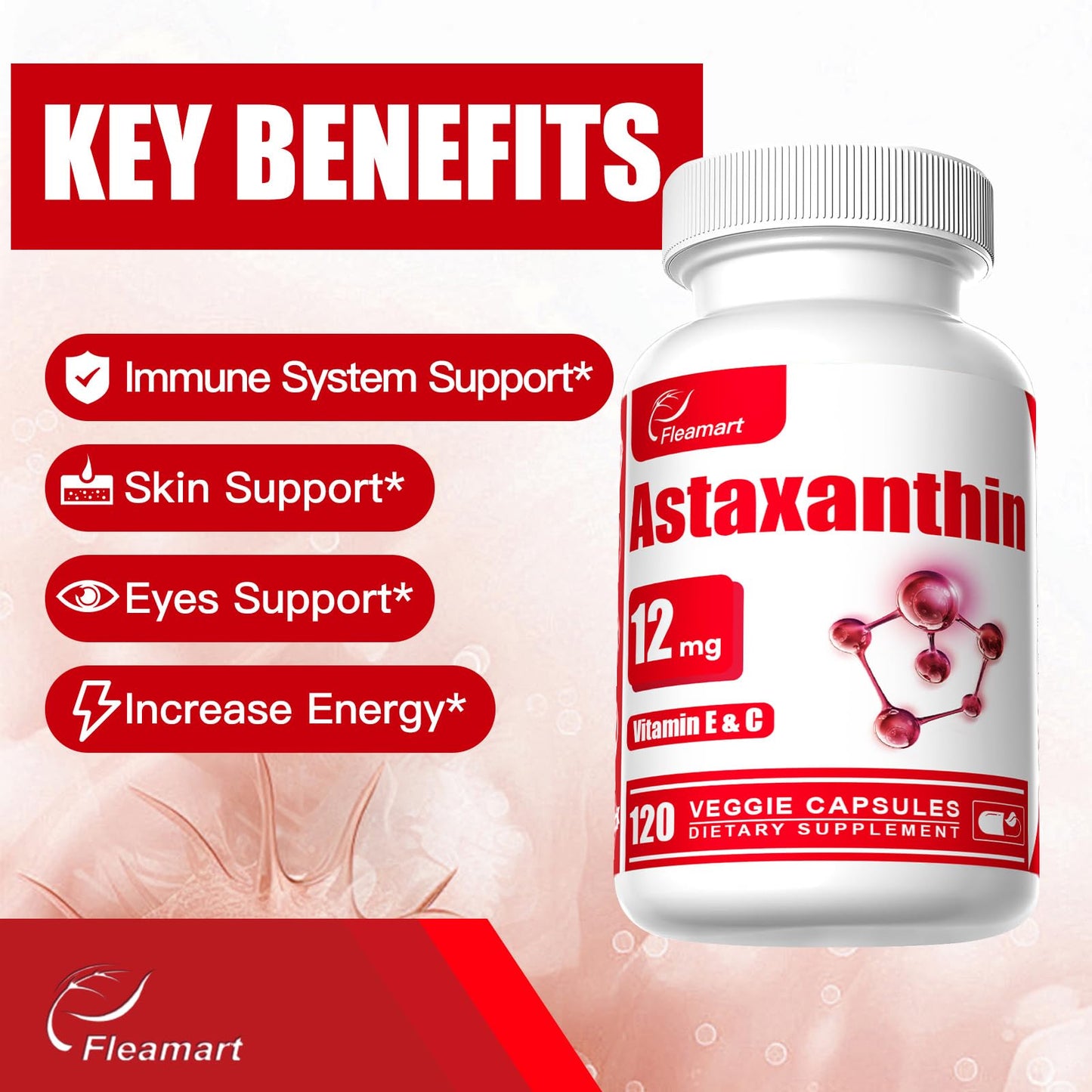 Fleamart Astaxanthin 12mg with Vitamin E & C – 120 Capsules (Vegan, Gluten Free, Non-GMO)