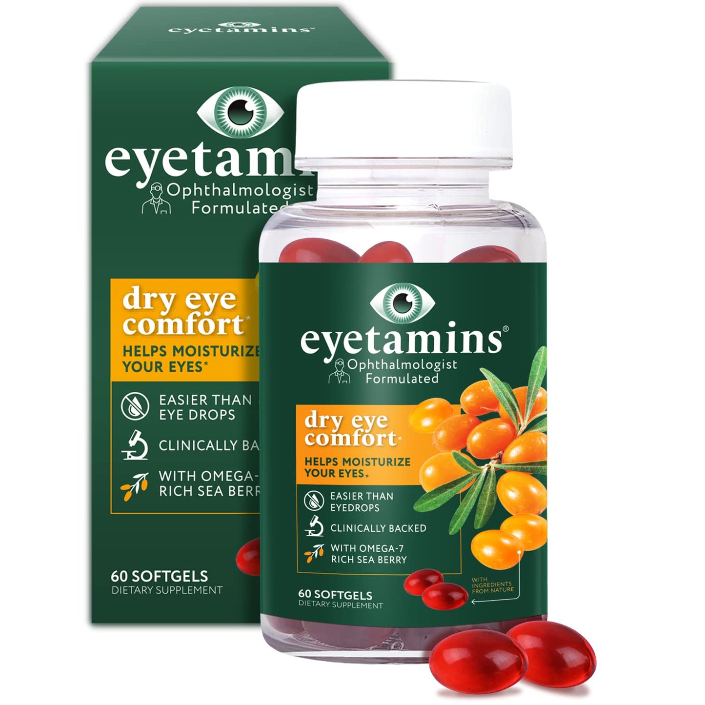 eyetamins Dry Eye Comfort - 60 Softgels | Ophthalmologist-Formulated, Himalayan Sea Buckthorn Oil